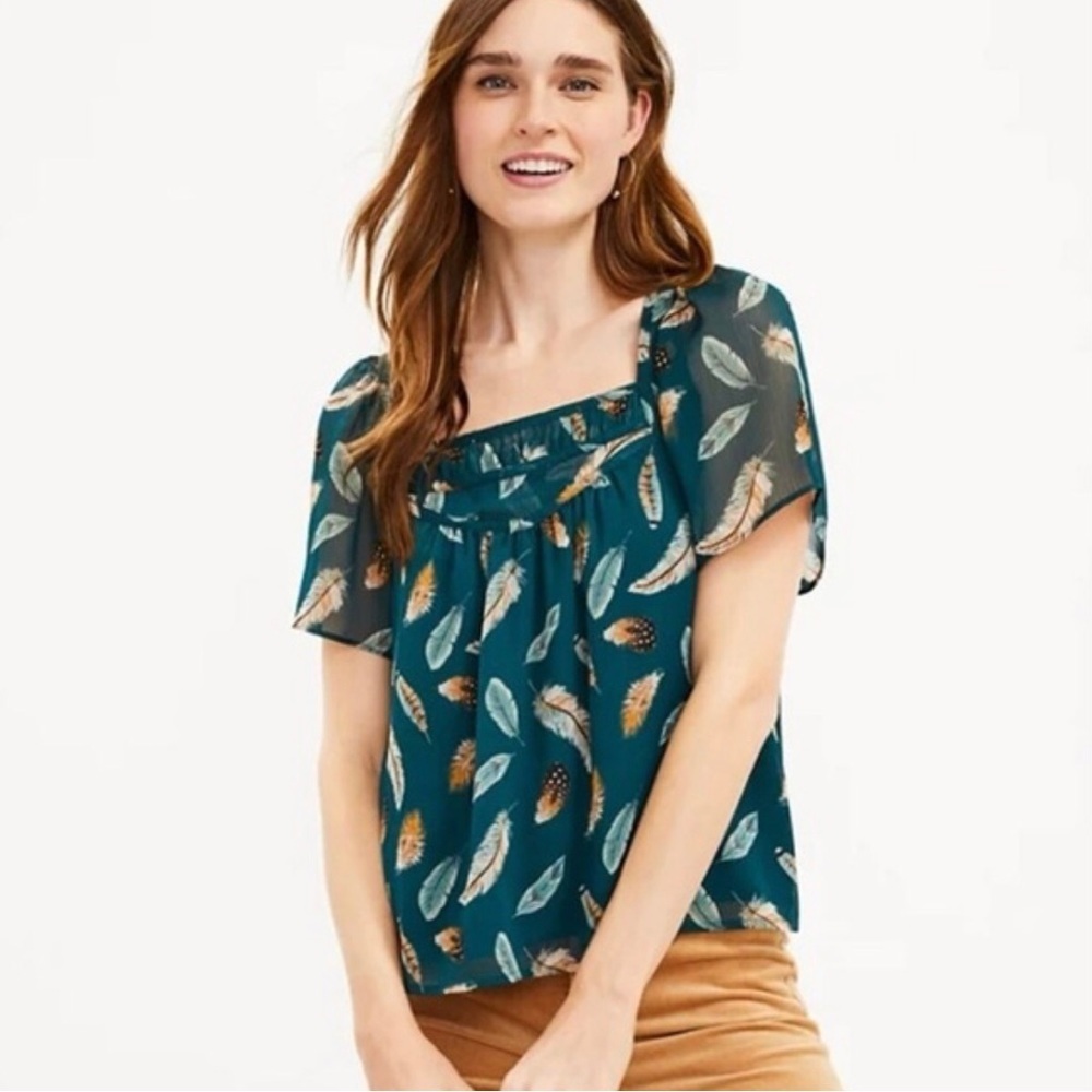 LOFT Women’s Feather Print Shirred Square Neck Top